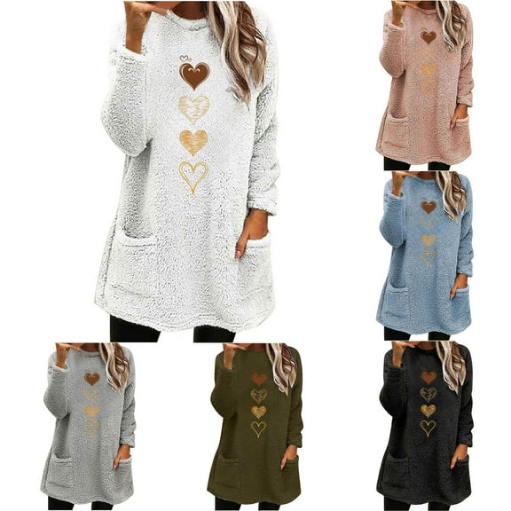 FRSASU Women's Fall Winter Plush Tops Love Heart Print Pullover Fleece Crewneck Sweatshirt Warm Sweater with Pockets White
