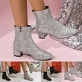 thumbnail image 1 of FRSASU Women's Fashion Casual Ankle Boots Solid Color Sequins Round Toe Side Zipper Chunky Heel Low Heel Mid-Calf Boots Silver, 1 of 9