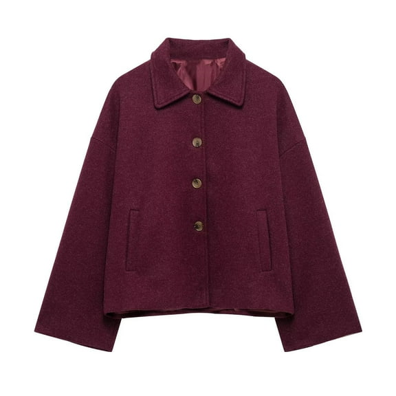 FRSASU Women's Fashion Casual Long Sleeve Jacket Button Solid Color Loose Fit Lapel Versatile Outerwear with Pocket Wine