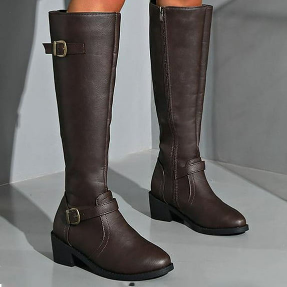 FRSASU Women's Fashion Casual Solid Color High-Top Mid-Heeled Knight Boots Style Side Zipper Belt Buckle Motorcycle Boots Brown