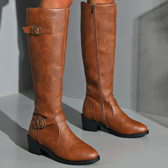 FRSASU Women's Fashion Casual Solid Color High-Top Mid-Heeled Knight Boots Style Side Zipper Belt Buckle Motorcycle Boots Coffee