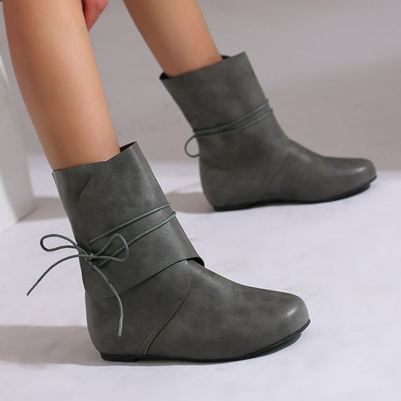 FRSASU Women's Fashion Casual Winter Short-Barrel Knight Boots Solid Color Round Toe Lace-Up Flat-Sole Ankle Boots Gray