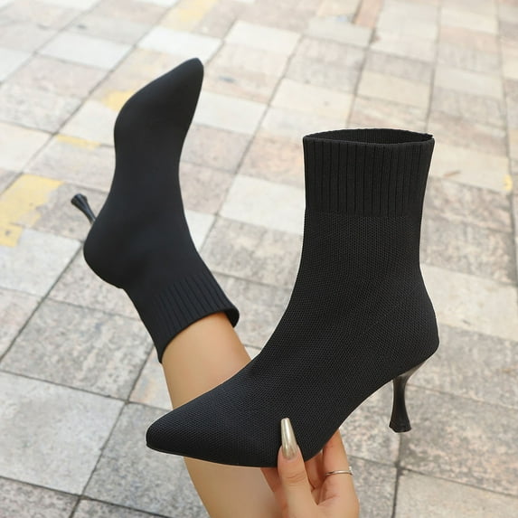 FRSASU Women's Fashion Casual Winter Style Solid Color Flying Woven Stretch Knitted Square Toe Socks Boots High Heel Short Boots Black