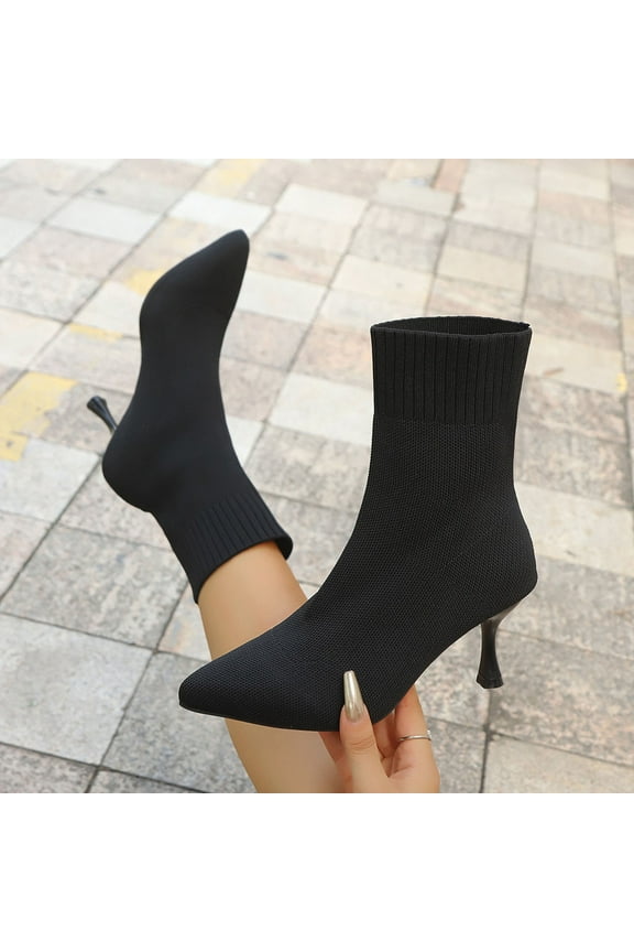 Women's Fashion Casual Winter Style Solid Color Flying Woven Stretch Knitted Square Toe Socks Boots High Heel Short Boots Black