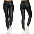 thumbnail image 1 of FRSASU Women's Fashion Casual solid color pocket button High Waist self-cultivation Tight leather pants Black, 1 of 4