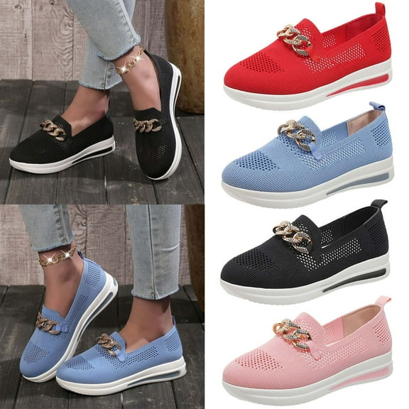 FRSASU Women's Fashion Chain Decorated Low Top Round Toe Shoes Sandals, Casual Comfortable Lightweight Slip on Shoes, Female Solid All-Match Shoes for Daily Wear Red