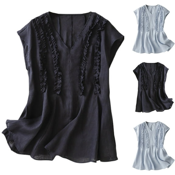 FRSASU Women's Fashion Loose Cotton Linen Solid Color Round Neck Sleeveless V Neck Shirt Navy XL(XL)