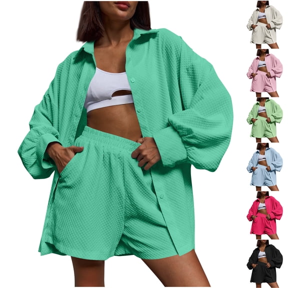 FRSASU Women's Fashion Sets Lapel Long Sleeve Button Down Shirt Outfits Elastic Shorts Casual Sets with Pocket Sky Blue XL(XL)