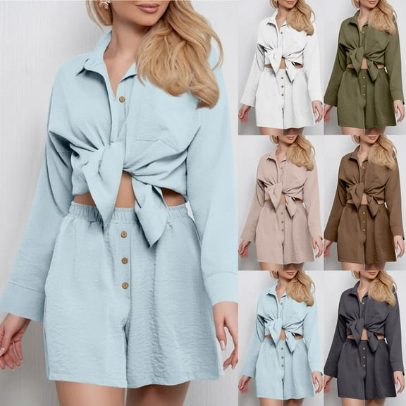 FRSASU Women's Fashion Sets Lapel Long Sleeve Button Down Shirt Outfits Elastic Shorts Casual Sets with Pocket White XL(XL)