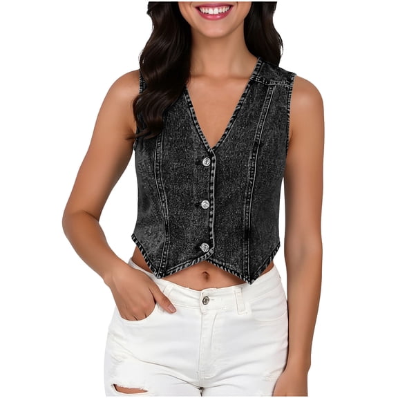 FRSASU Women's Fashion Sleeveless Denim Vest V Neck Button Down Slim Jean Waistcoat Jacket Black