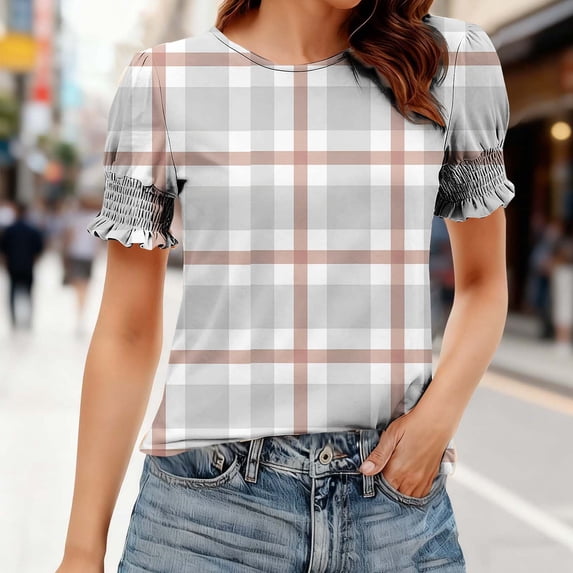 FRSASU Women's Fashion Spring and Summer Clothing Polka Printed Base T-shirt Lace Sleeves Short Sleeves Round Neck Top/shirt Khaki-C