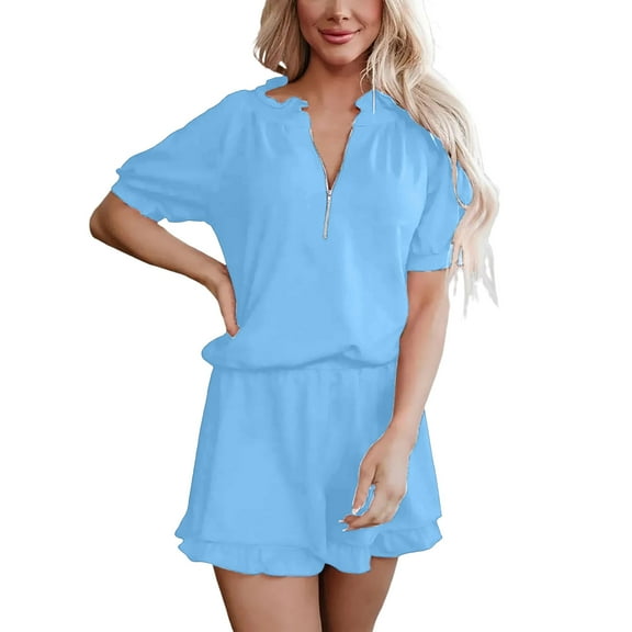 FRSASU Women's Fashion Trend Outfits Solid Color Sweatsuit Zipper V Neck Casual Short Sleeve Tops and Short Skirt Lounge Sets Sky Blue L(L)