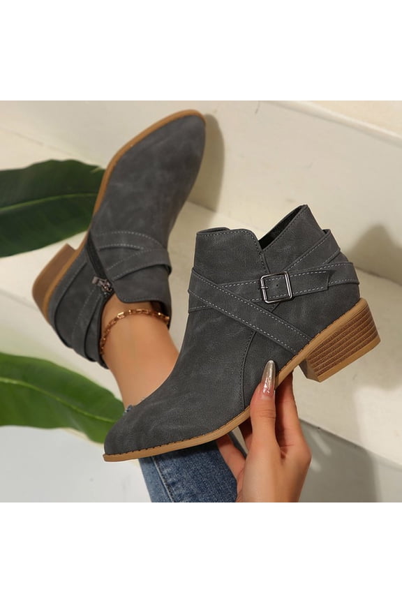 Women's Fashion pointed square heel side zipper thick heel mid leg boots Ankle Bootie Block Heel Gray
