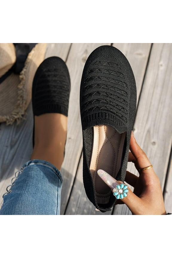 Women's Fashionable Casual Comfortable Fly Mesh Breathable Shoes Solid Color Round Toe Closed Toe One-Foot Flat Shoes Black