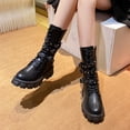 thumbnail image 1 of FRSASU Women's Fashionable Casual Short-Barrel British Style Boots Solid Color Round Toe Belt Buckle Lace-Up Thick Sole Thick Heel Mid-Calf Boots Black, 1 of 6