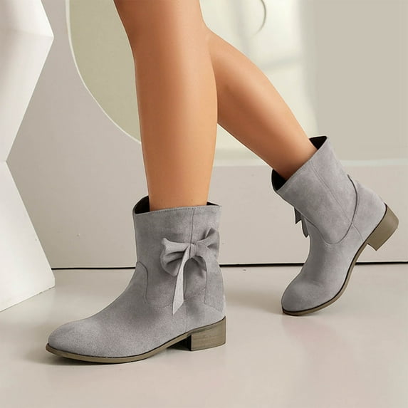 FRSASU Women's Fashionable Casual Versatile Cool Winter Solid Color Bow Sleeve Boots Short Boots Thick Low Heel Ankle Boots Gray