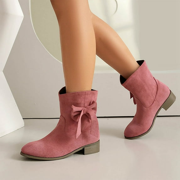 FRSASU Women's Fashionable Casual Versatile Cool Winter Solid Color Bow Sleeve Boots Short Boots Thick Low Heel Ankle Boots Pink