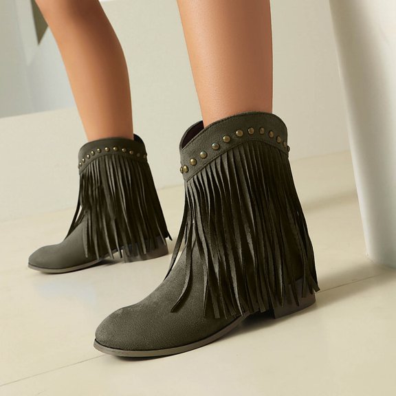 FRSASU Women's Fashionable Casual Versatile Cool Winter Tassel Sleeve Boots Short Boots Thick Heel Ankle Boots Green