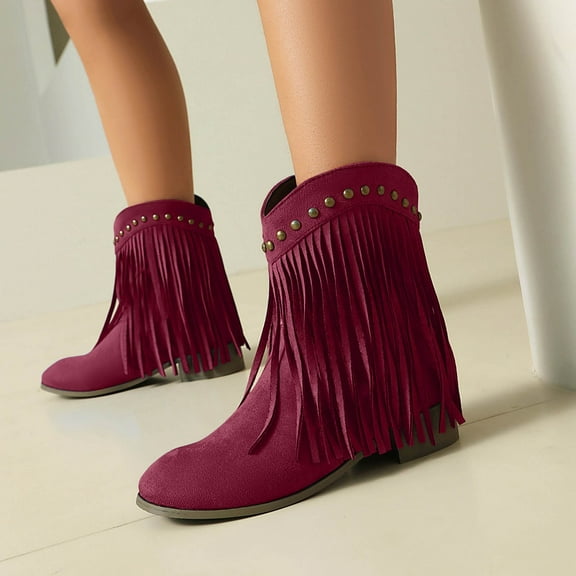 FRSASU Women's Fashionable Casual Versatile Cool Winter Tassel Sleeve Boots Short Boots Thick Heel Ankle Boots Wine