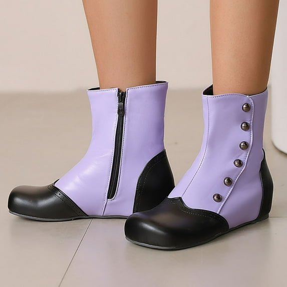 FRSASU Women's Fashionable Casual Versatile Cool and Stylish Winter Round Toe Color Matching Fashion Flat Ankle Boots Purple
