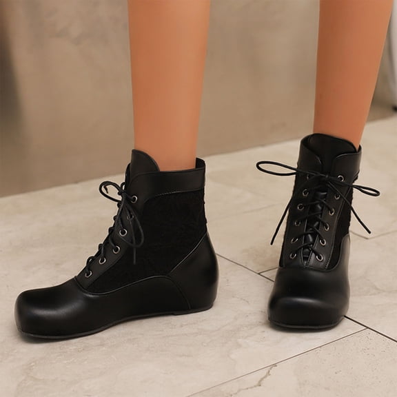 FRSASU Women's Fashionable Casual Versatile Cool and Stylish Winter Round Toe Lace-Up Fashion Flat Ankle Boots Black
