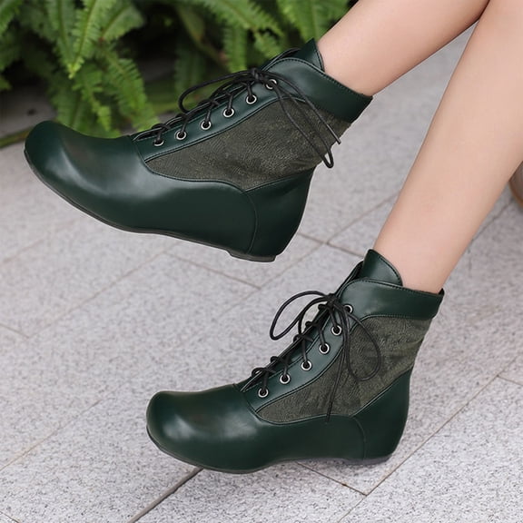 FRSASU Women's Fashionable Casual Versatile Cool and Stylish Winter Round Toe Lace-Up Fashion Flat Ankle Boots Green