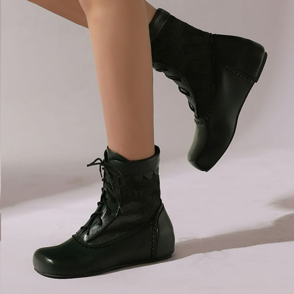 FRSASU Women's Fashionable Casual Versatile Cool and Stylish Winter Round Toe Lace-Up Fashion Flat Ankle Boots Green