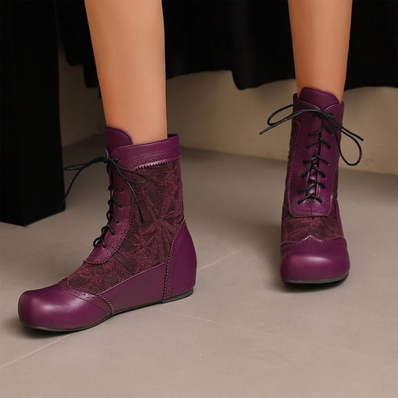 FRSASU Women's Fashionable Casual Versatile Cool and Stylish Winter Round Toe Lace-Up Fashion Flat Ankle Boots Purple