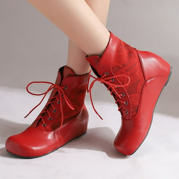 FRSASU Women's Fashionable Casual Versatile Cool and Stylish Winter Round Toe Lace-Up Fashion Flat Ankle Boots Red