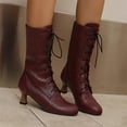 thumbnail image 1 of FRSASU Women's Fashionable Casual Versatile Cool and Stylish Winter Round Toe Lace-Up Fashion Flat Mid-Calf Boots Wine, 1 of 9