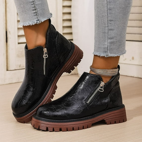 FRSASU Women's Fashionable and Casual Versatile Round Toe British Cool Eye-Catching Fall and Winter Style Comfortable Heightened Side Zipper Short Boots Black