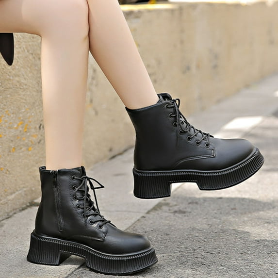 FRSASU Women's Fashionable Casual Winter British Style Short Boots Solid Color Round Toe Front Lace-Up Thick Bottom Low Heel Ankle Boots Black