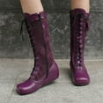 thumbnail image 1 of FRSASU Women's Fashionable Casual Winter Style Knee-High Solid Color Bow Round Toe Side Zipper Front Tie Flat Knee-High Boots Purple, 1 of 8