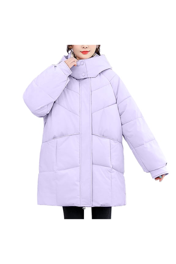 Women's Fashionable Cotton Jacket Solid Color Long Sleeve Thickened and Fleece Casual Hooded Jacket Top Purple