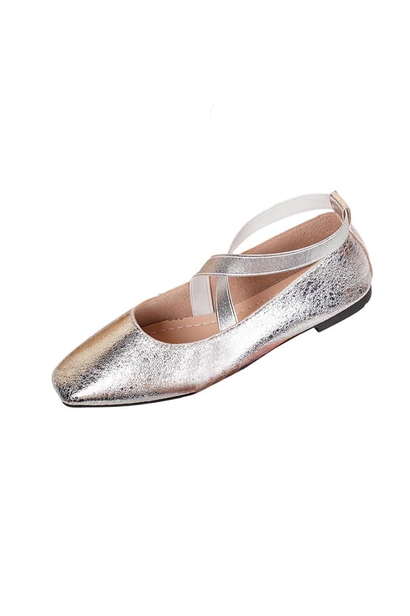 Women's Fashionable Metallic Mary Jane Ballet Flats with Strap, Casual Lightweight Nonslip Slip on Footwear Silver