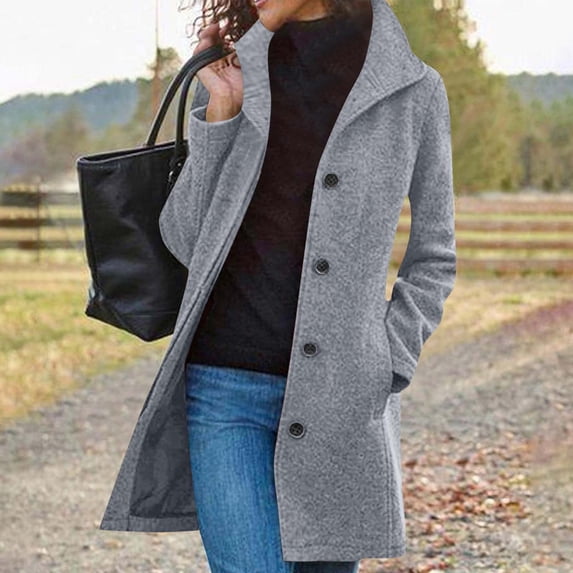 FRSASU Women's Fashionable and Comfortable Casual Thicken Wool Long Sleeved Stand Collar Single Breasted Coat Gray