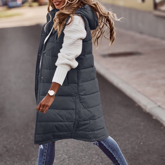 FRSASU Women's Fashionable and Comfortable Medium to Long thermal Vest Sleeveless Hooded Coats Jacket with Pockets Dark Gray