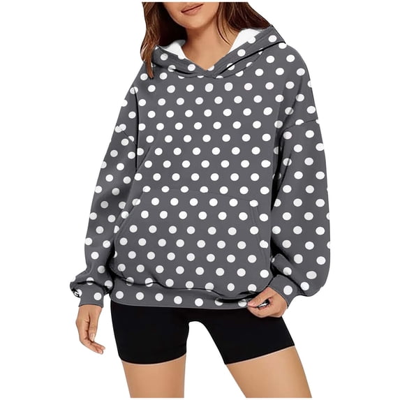 FRSASU Women's Fashionable and Comfortable Pullover Sweatshirt Polka Dot Print Hoodie Long Sleeve Loose Tops Gray
