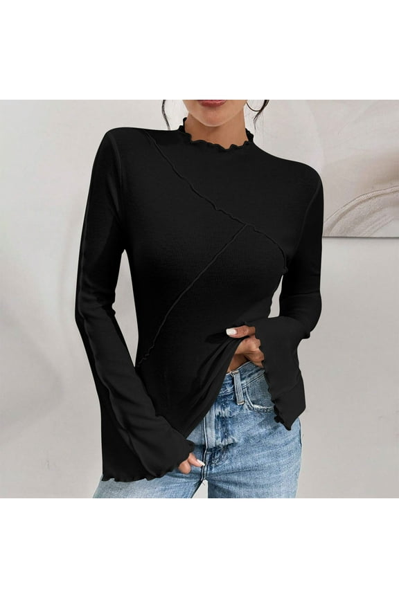 Women's Fashionable and Comfortable Ruffle Collar with Beveled Flared Sleeves Top Long Sleeve Blouse Shirt Black