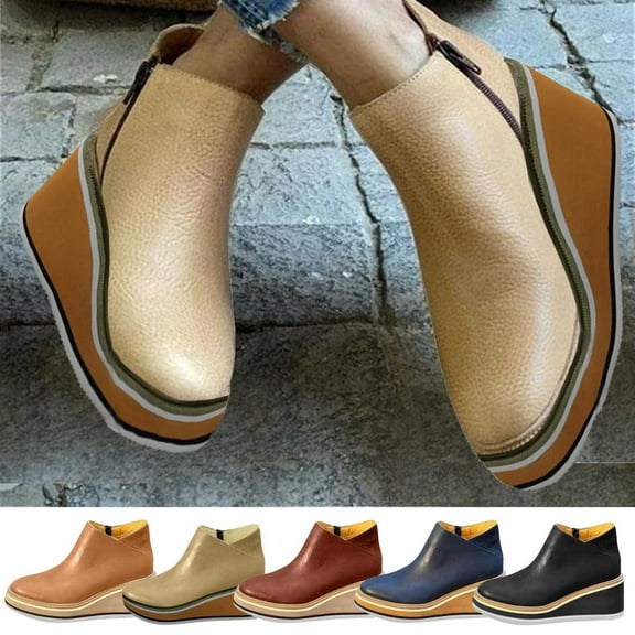 FRSASU Women's Fashionable and casual shoes suitable for all seasons Side Zipper Casual Leather Plastic Thick Bottom Slope Heel Dark Gray