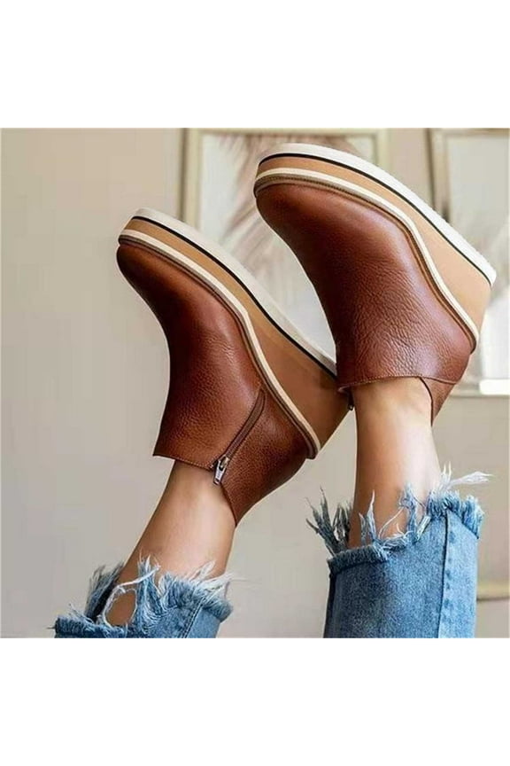 Women's Fashionable and casual shoes suitable for all seasons Side Zipper Casual Leather Plastic Thick Bottom Slope Heel Dark Gray