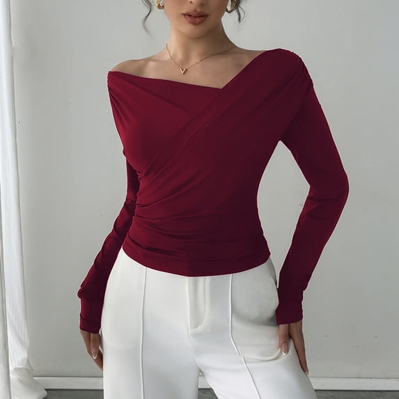 FRSASU Women's Fashionable comfortable and casual sloping shoulder off Shoulder T Shirts Long Sleeve Tops Wine