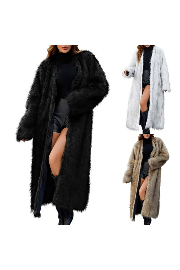 Women's Faux Fur Coat Fuzzy Warm Winter Long Fur Jackets Cardigan Outerwear Overcoat White