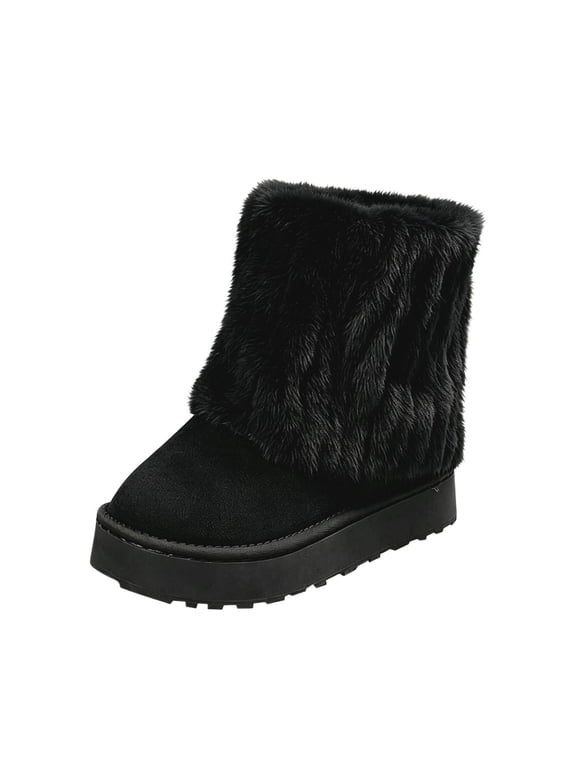 Women's Faux Fur Mid Calf Snow Boots Warm Winter Boots with Furry Lining and Non Slip Sole Black