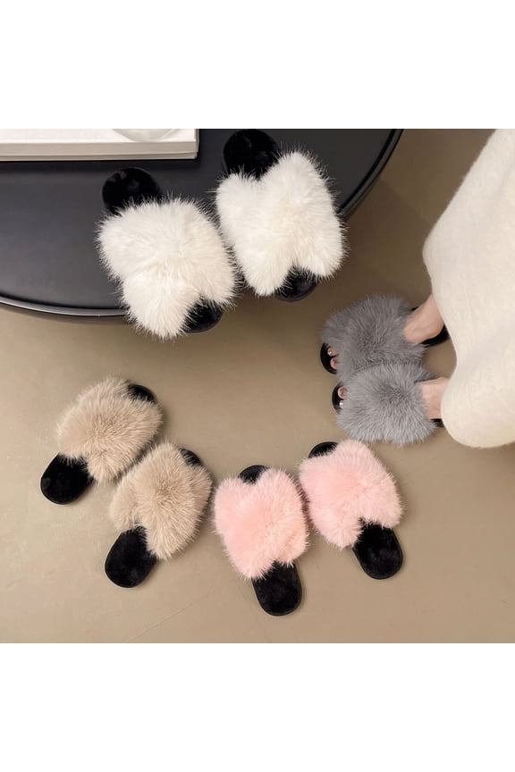Women's Faux Fur Slides Slippers Fluffy Fuzzy Sandals Open Toe Furry Slide Flip Flop Indoor Outdoor Wear White