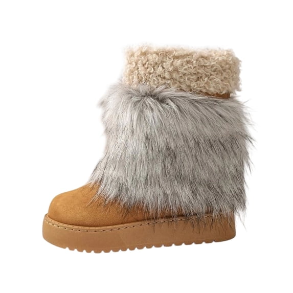 FRSASU Women's Faux Fur Winter Snow Boot Fuzzy Fluffy Mid-Calf Snow Boots Suede Warm Fur Lined Booties Brown