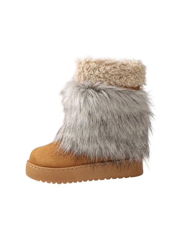 Women's Faux Fur Winter Snow Boot Fuzzy Fluffy Mid-Calf Snow Boots Suede Warm Fur Lined Booties Brown