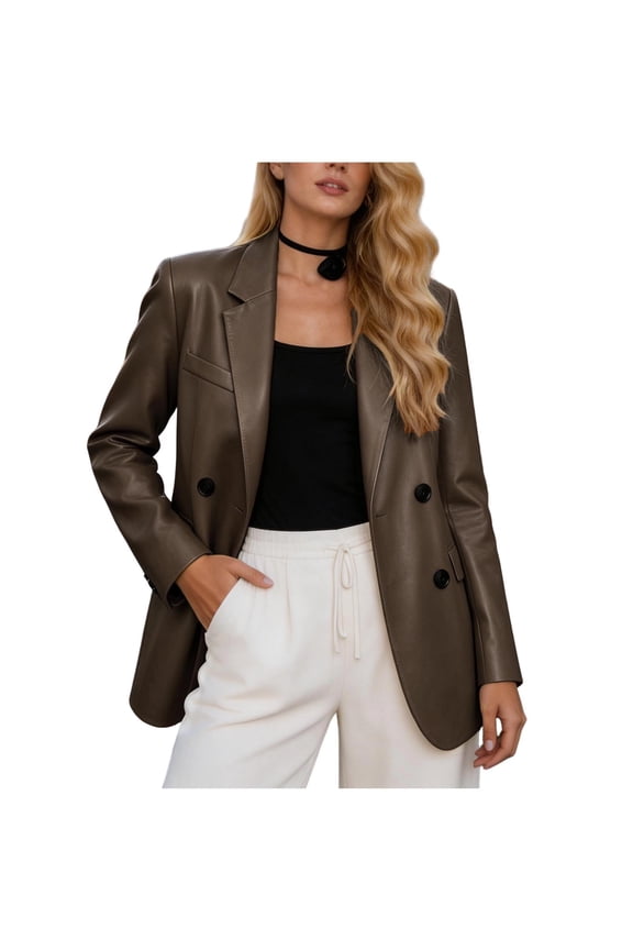 Women's Faux Leather Blazer Oversized Bomber Winter Coat Motocycle Button Down Fall Jackets with Pockets Brown