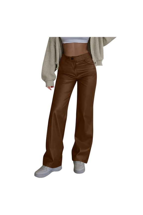 Women's Faux Leather Pants Button PU Loose Elastic Waist Straight Wide Leg Trousers with Pockets Brown