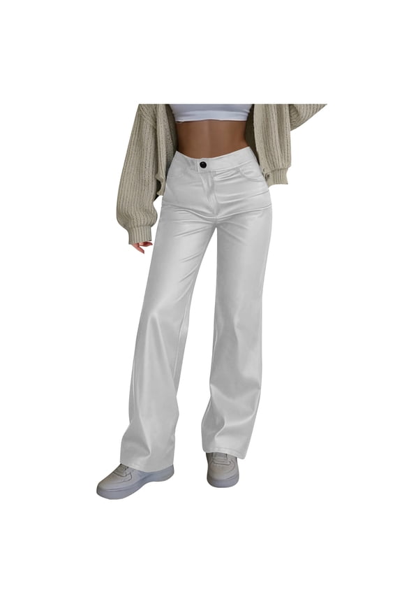 Women's Faux Leather Pants Button PU Loose Elastic Waist Straight Wide Leg Trousers with Pockets White